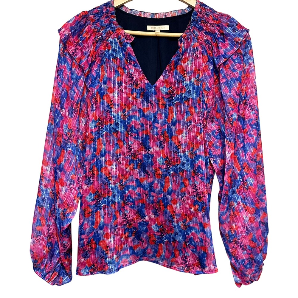 Skies Are Blue Floral Balloon Sleeve Blouse Women M Pink Ruffle Airy Flowy Sheer